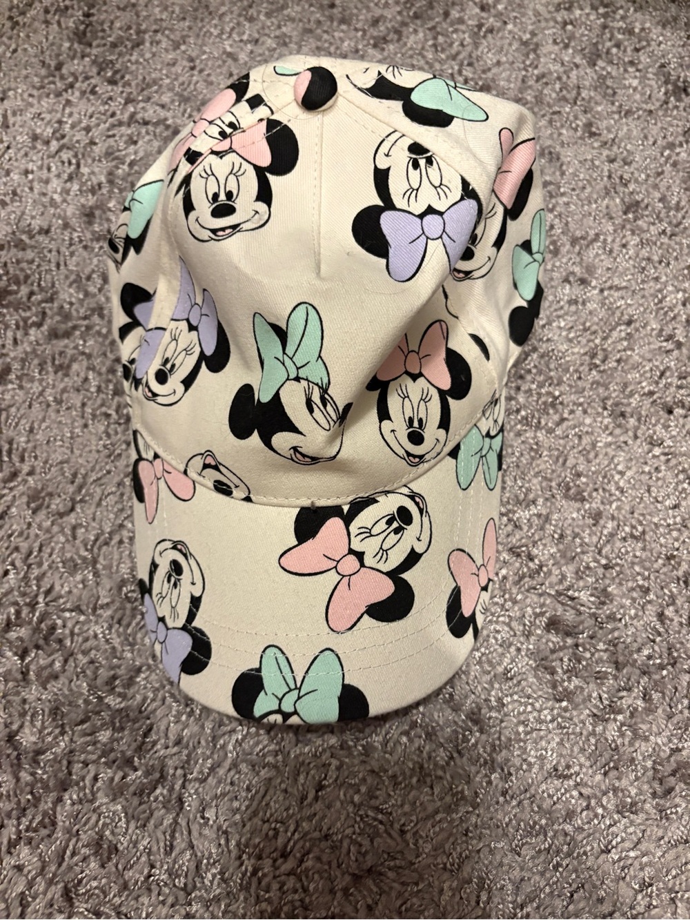 NWOT Beige Minnie Mouse Print Baseball Cap with Pastel Bows